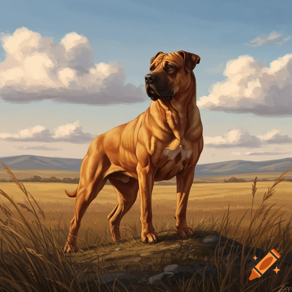 A large, brown dog stands on a small rise in a golden field under a blue sky with clouds, looking to the right in a painterly style.