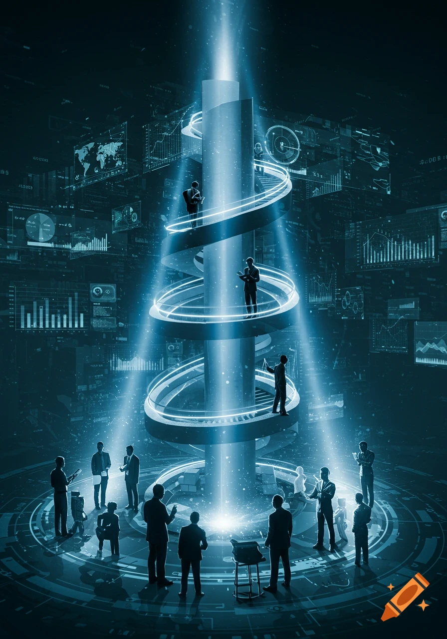 Silhouetted business figures around a glowing spiral structure with futuristic data displays in a dark, blue-lit room.