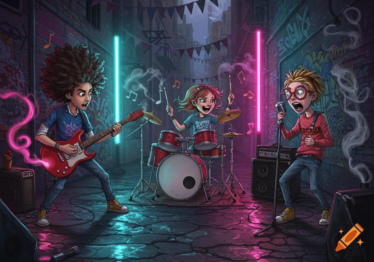 A vibrant cartoon illustration of three quirky teenagers playing rock and roll music in a neon-lit alleyway at night. One plays an electric guitar, another a drum kit, and the third sings into a microphone.
