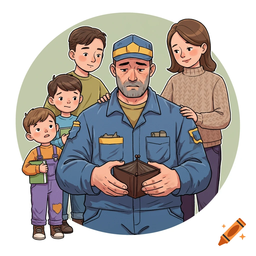 A cartoon illustration of a sad blue-collar father holding an empty wallet while his wife and three children stand around him.