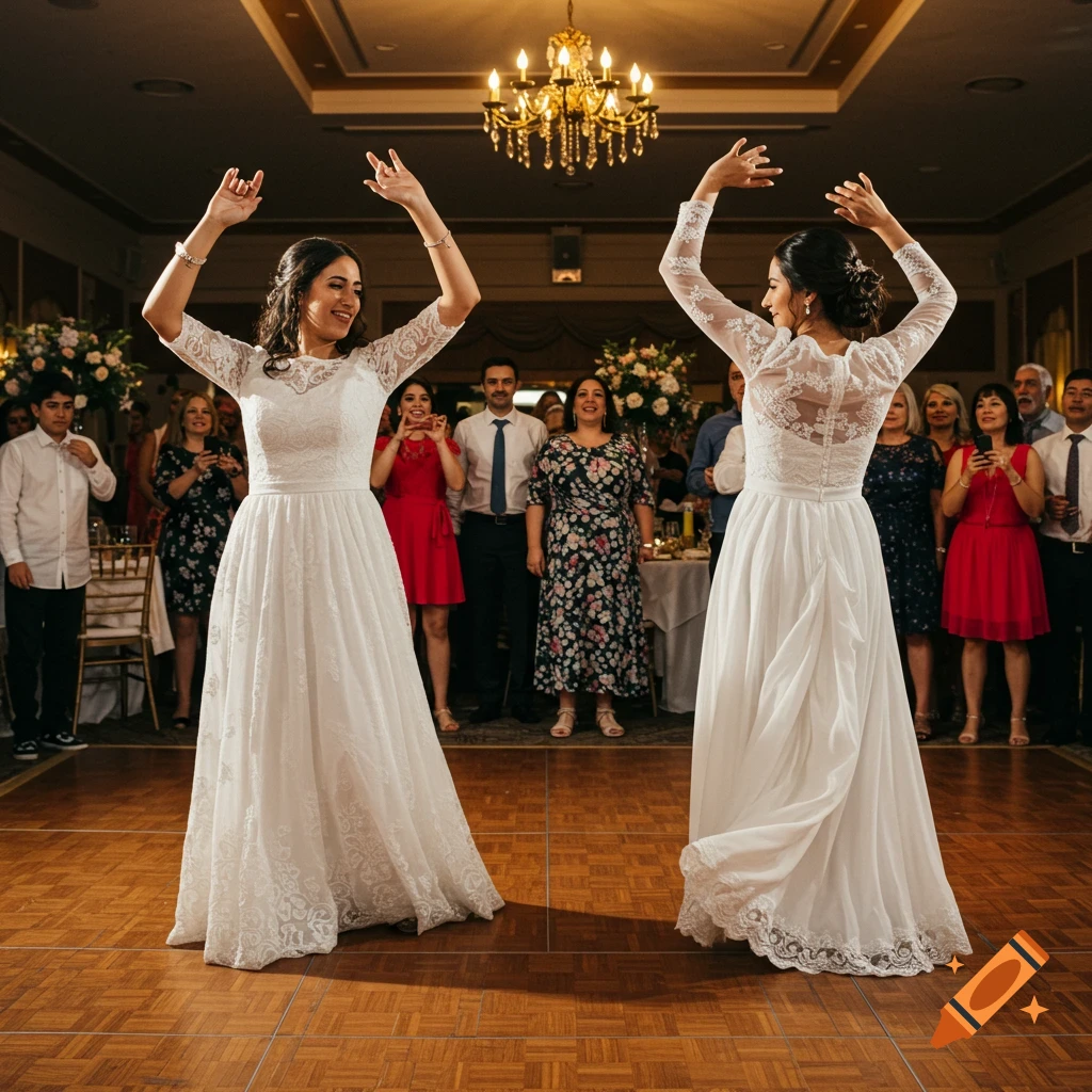 Two women in white dresses dancing on a wooden floor at a wedding reception with guests watching.