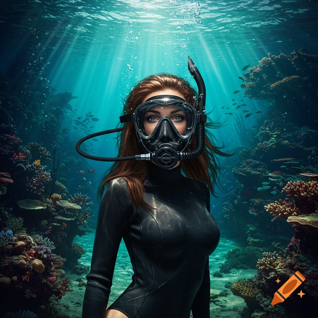 A woman with long brown hair in a black wetsuit and full face scuba mask, underwater amidst coral reefs and fish.