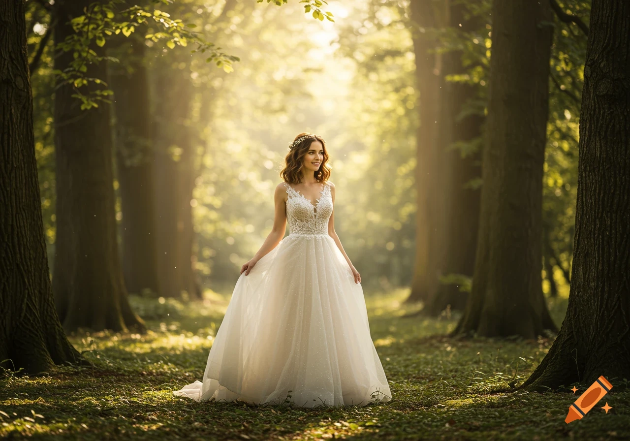 A woman in a beautiful white wedding dress stands in a sun-dappled forest.
