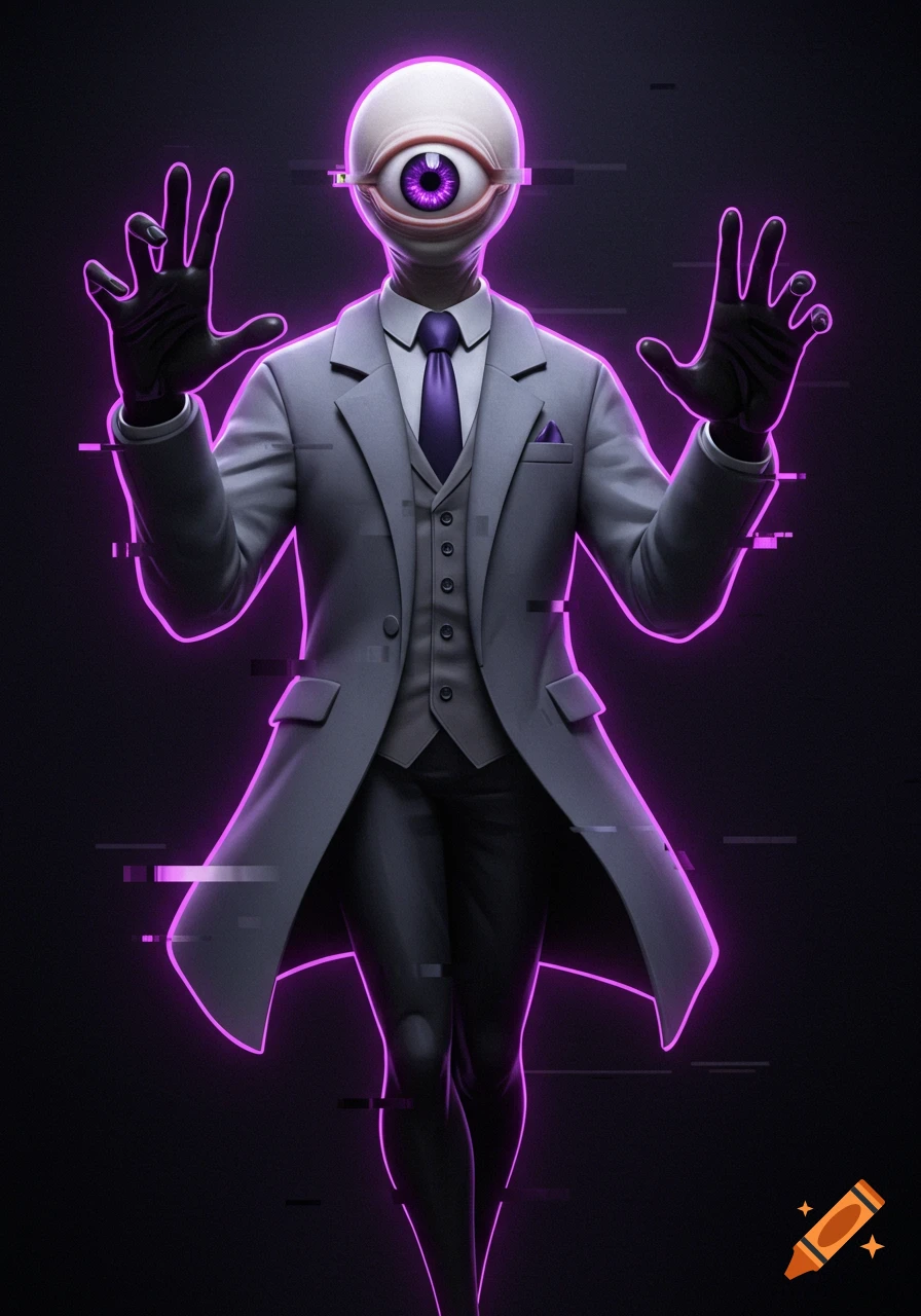 A stylized humanoid figure with a large purple eye for a head, wearing a gray suit with a purple tie, outlined in glowing purple neon against a dark background with digital glitch effects.