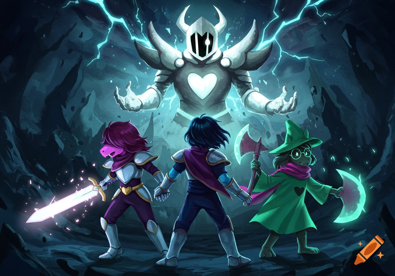 Susie, Kris, and Ralsei face off against The Roaring Knight in a dark cavern with lightning, in an illustrative style.