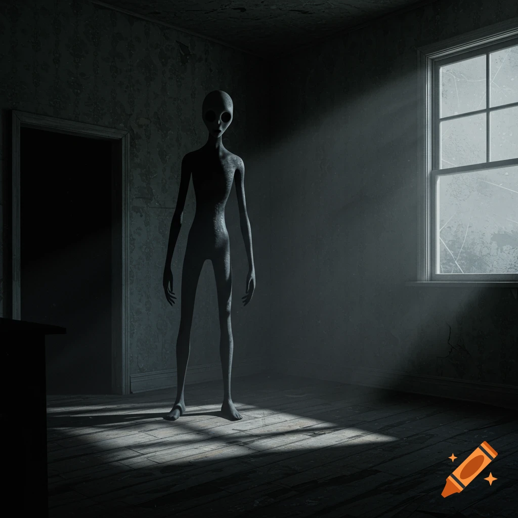 A tall, slender grey alien figure stands in a dimly lit, abandoned room with a window on the right casting light.