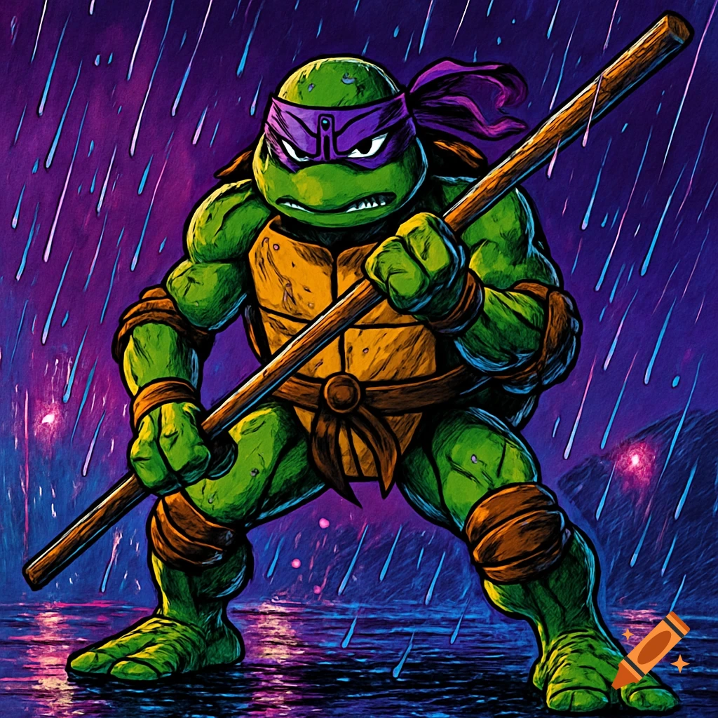 Donatello from Teenage Mutant Ninja Turtles in comic book style, holding his bo staff, standing in the rain with a purple sky.