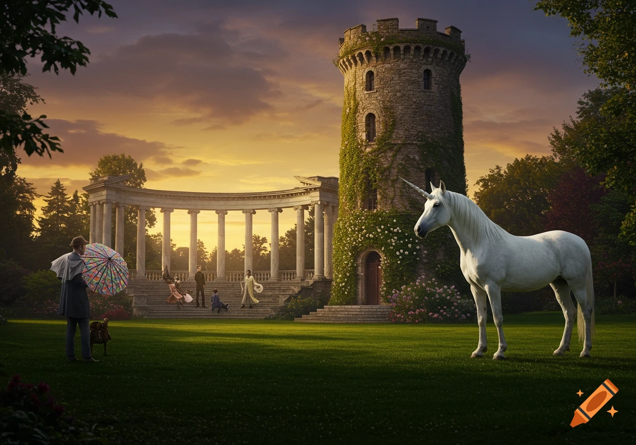 A white unicorn stands in a grassy field before a stone tower and a classical colonnade at sunset, with people on steps and one holding a colorful umbrella.