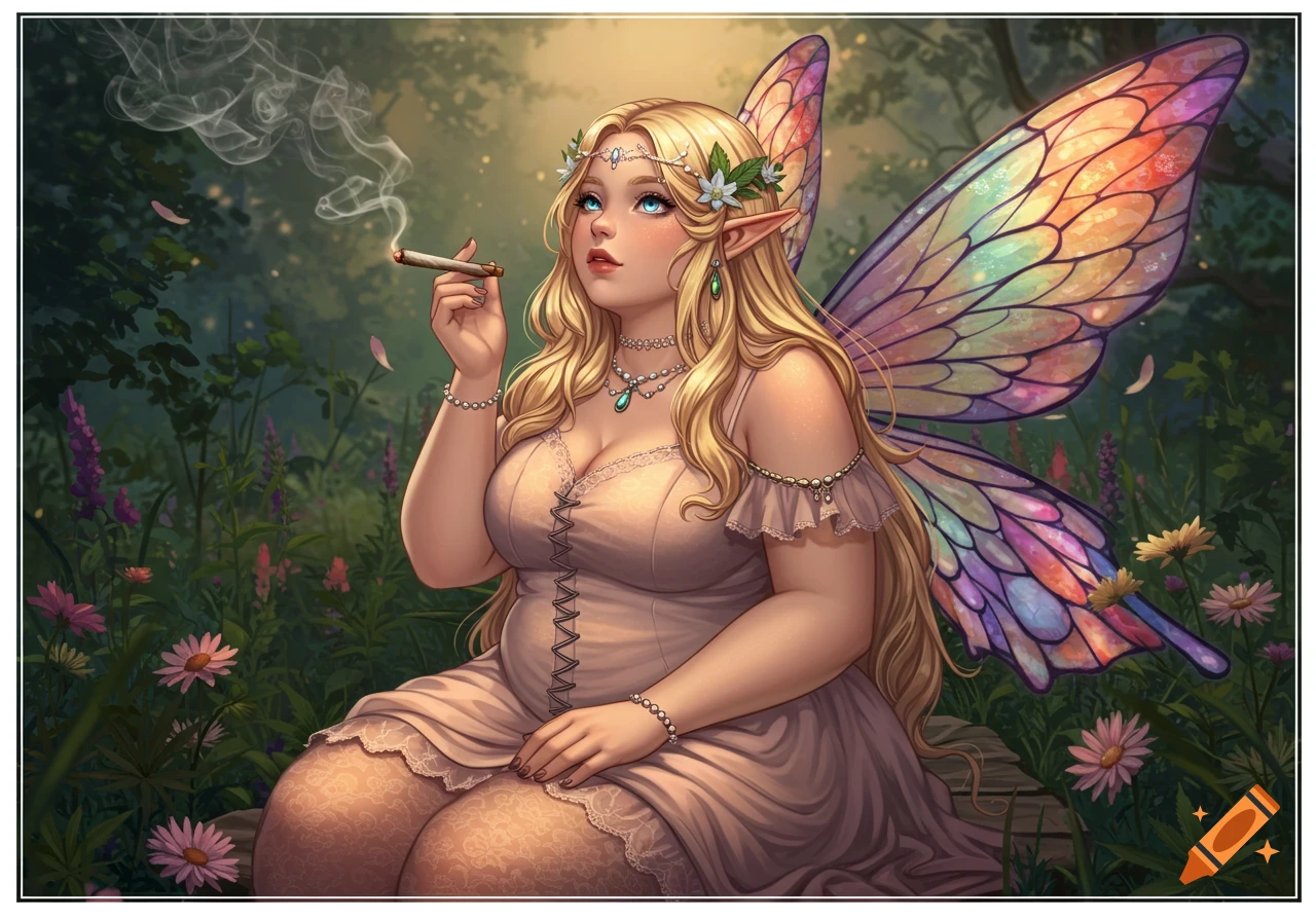 A whimsical anime-style fairy with blonde hair and colorful wings sits in a garden, smoking.