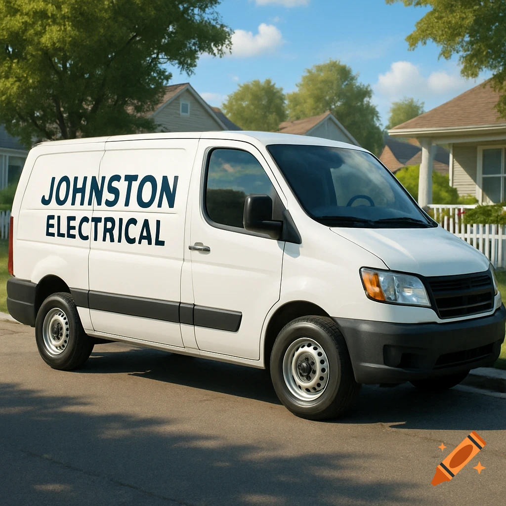 A white commercial van with "JOHNSTON ELECTRICAL" written on its side is parked on a suburban street in front of houses.