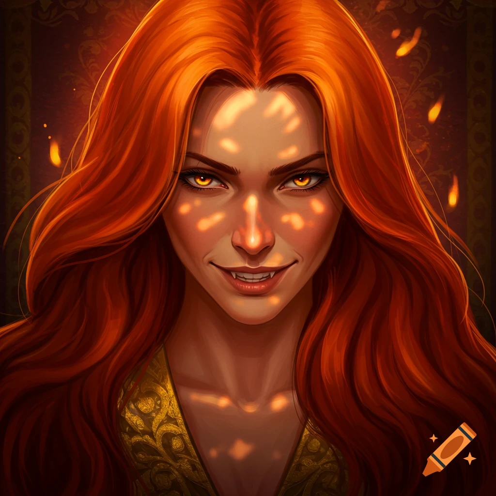 Close-up digital painting of a fierce red-haired woman with glowing amber eyes and sharp fangs, illuminated by dappled golden light.