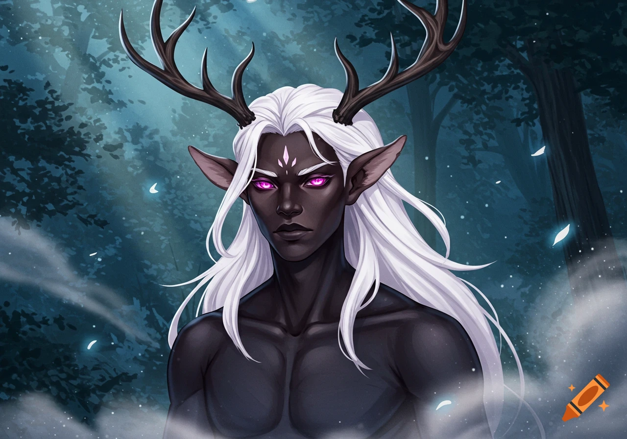 Close-up of a fantasy character with dark skin, white hair, magenta glowing eyes, and deer antlers in a dark forest.