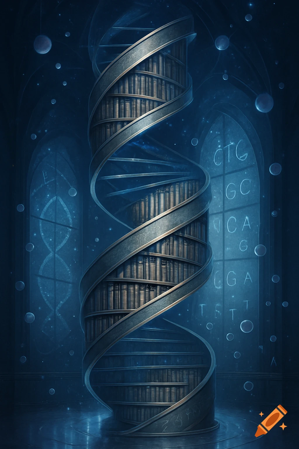 A fantastical library where bookshelves spiral upwards like a glowing DNA double helix in a dark, mystical setting.