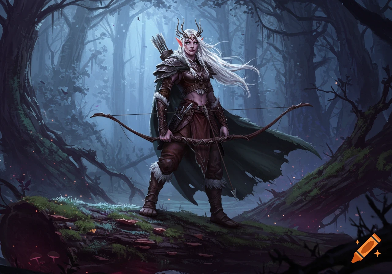 A noble elven huntress with white hair and horns stands on a fallen log in a moonlit enchanted forest, holding a bow.