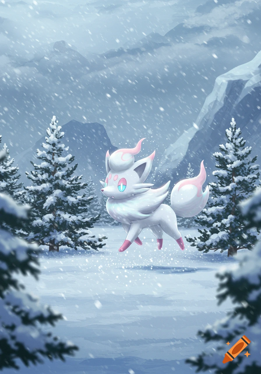 A white and pink fox-like Hisuian Zorua Pokémon jumps through a snowy forest. Anime art style.