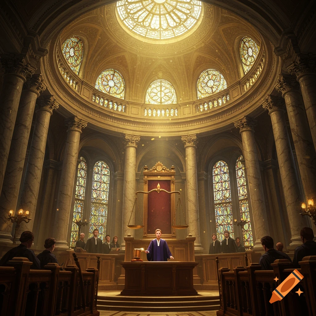 A grand, ornate courtroom with a high domed ceiling, stained glass windows, and massive columns, with a judge at a podium and people seated.