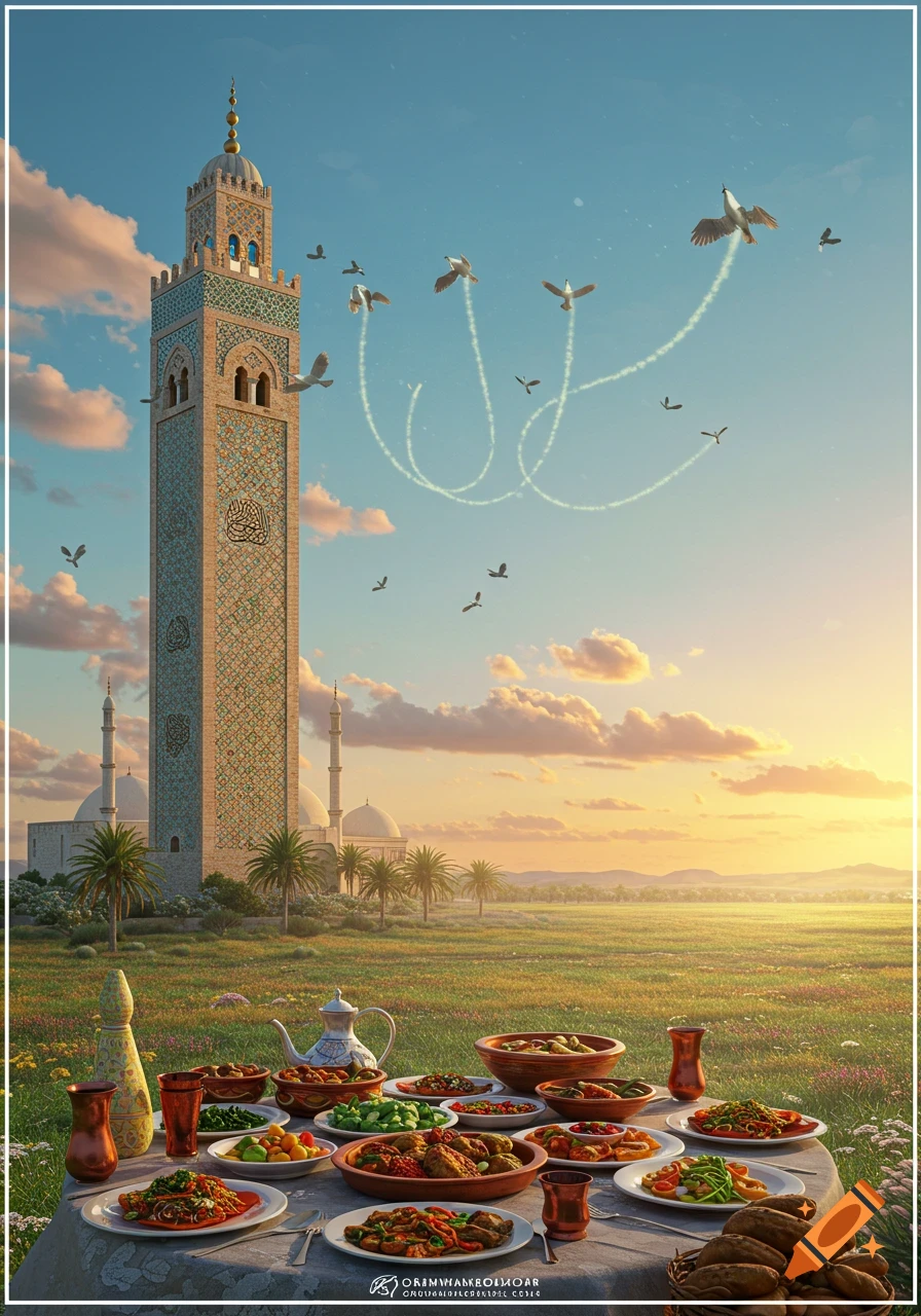 A photorealistic image of a tall, ornate minaret and mosque under a sunset sky, with various birds flying. In the foreground, a table laden with numerous dishes of food is set in a vibrant green field.