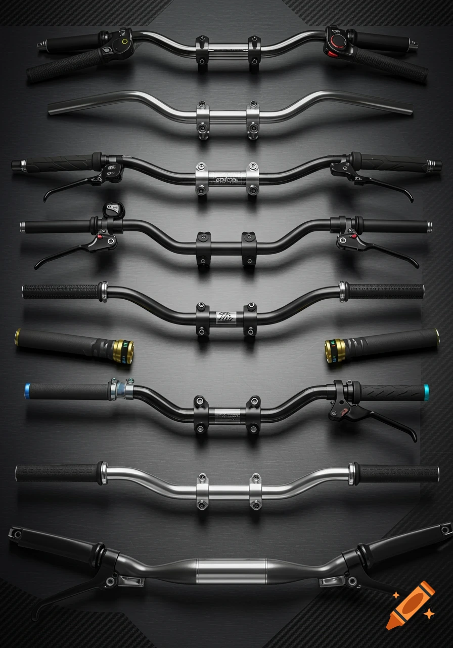 A collection of various black and silver handlebars for bicycles or motorcycles, displayed horizontally on a dark background.