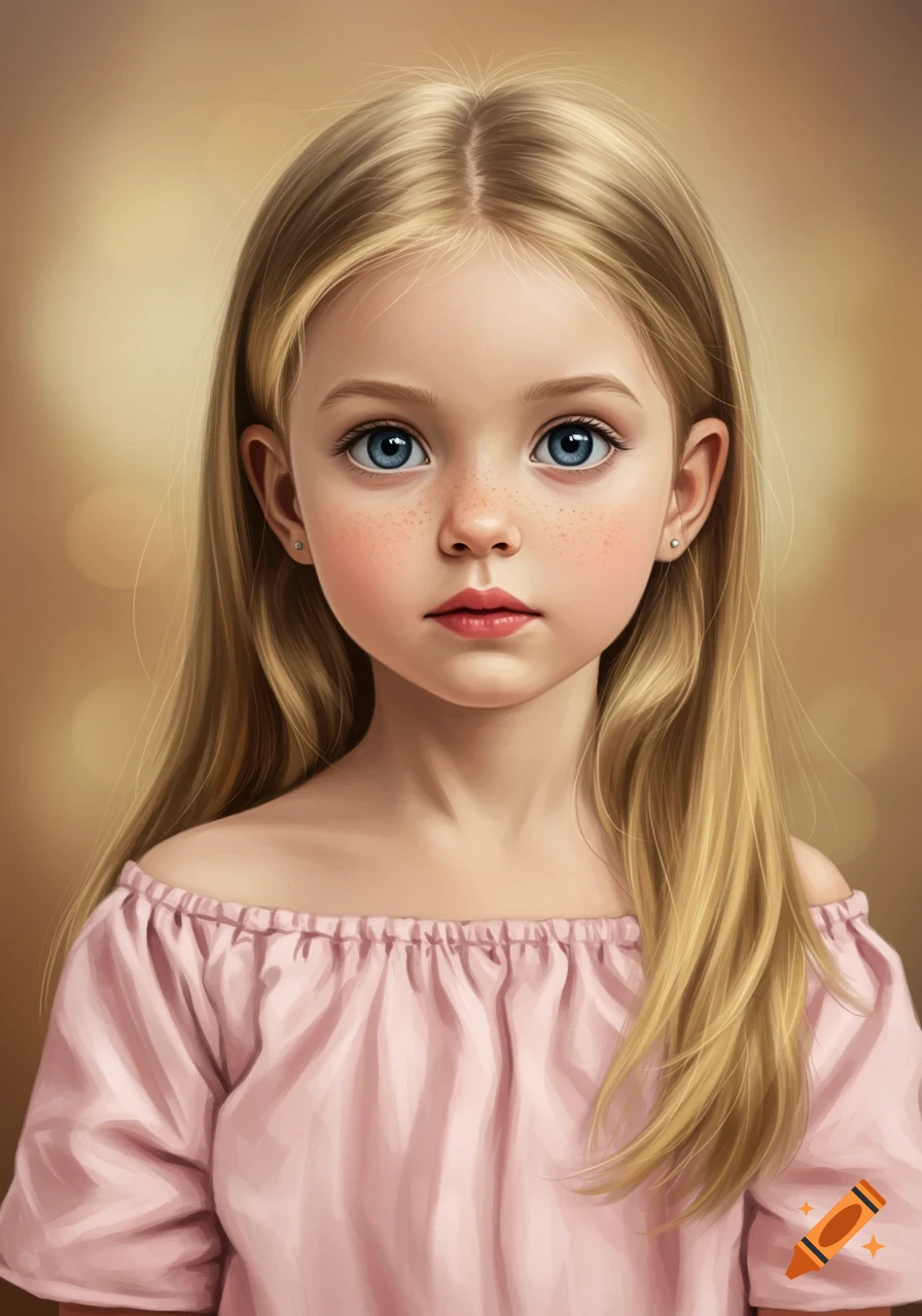 Portrait of a blonde girl with blue eyes and freckles wearing a pink off-shoulder dress.