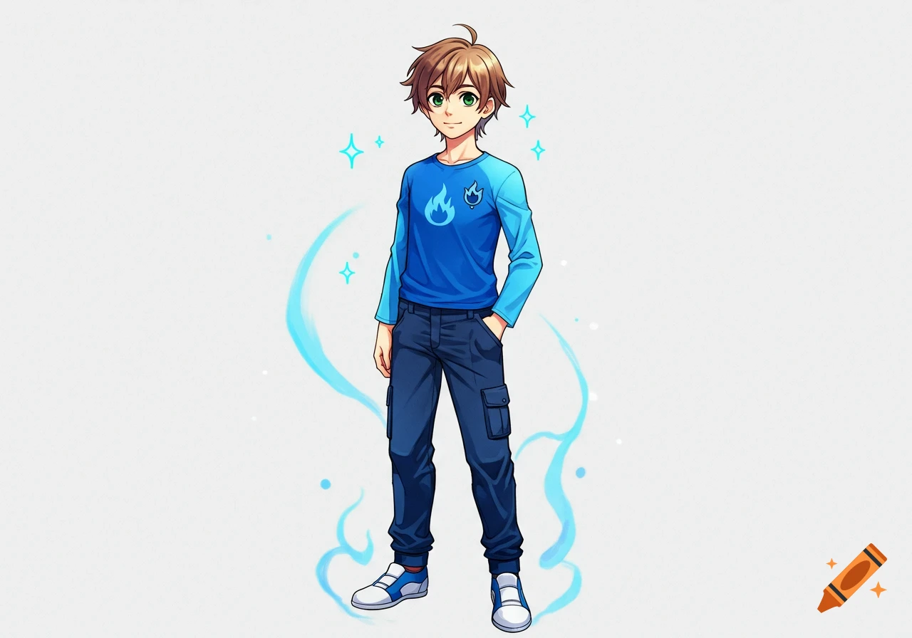 An anime-style male teenager with brown hair and green eyes, wearing a blue shirt with a flame emblem, cargo pants, and blue-white shoes, surrounded by a blue aura.