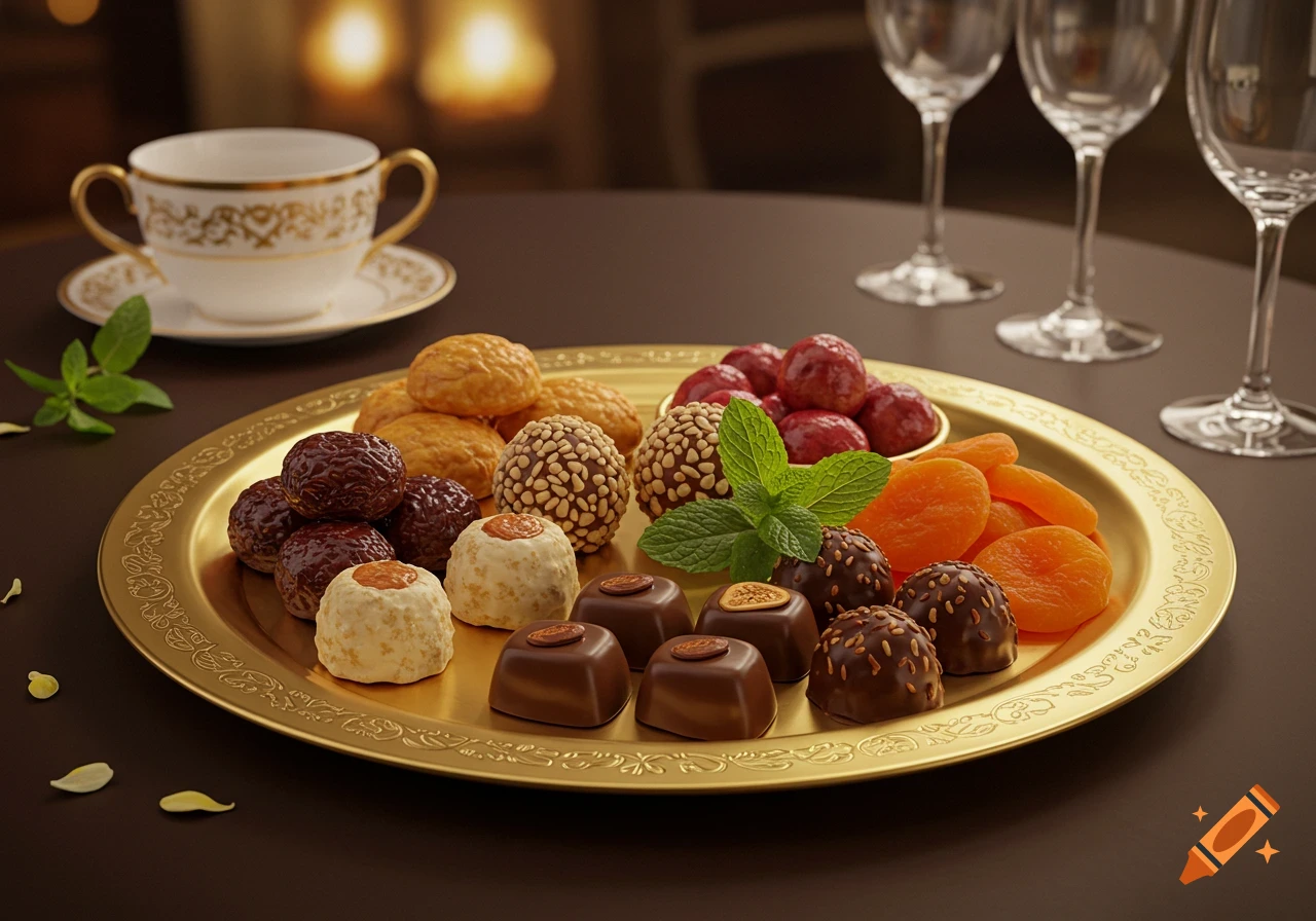 A golden platter of assorted chocolates, pastries, and dried apricots on a dark table with a teacup and wine glasses.