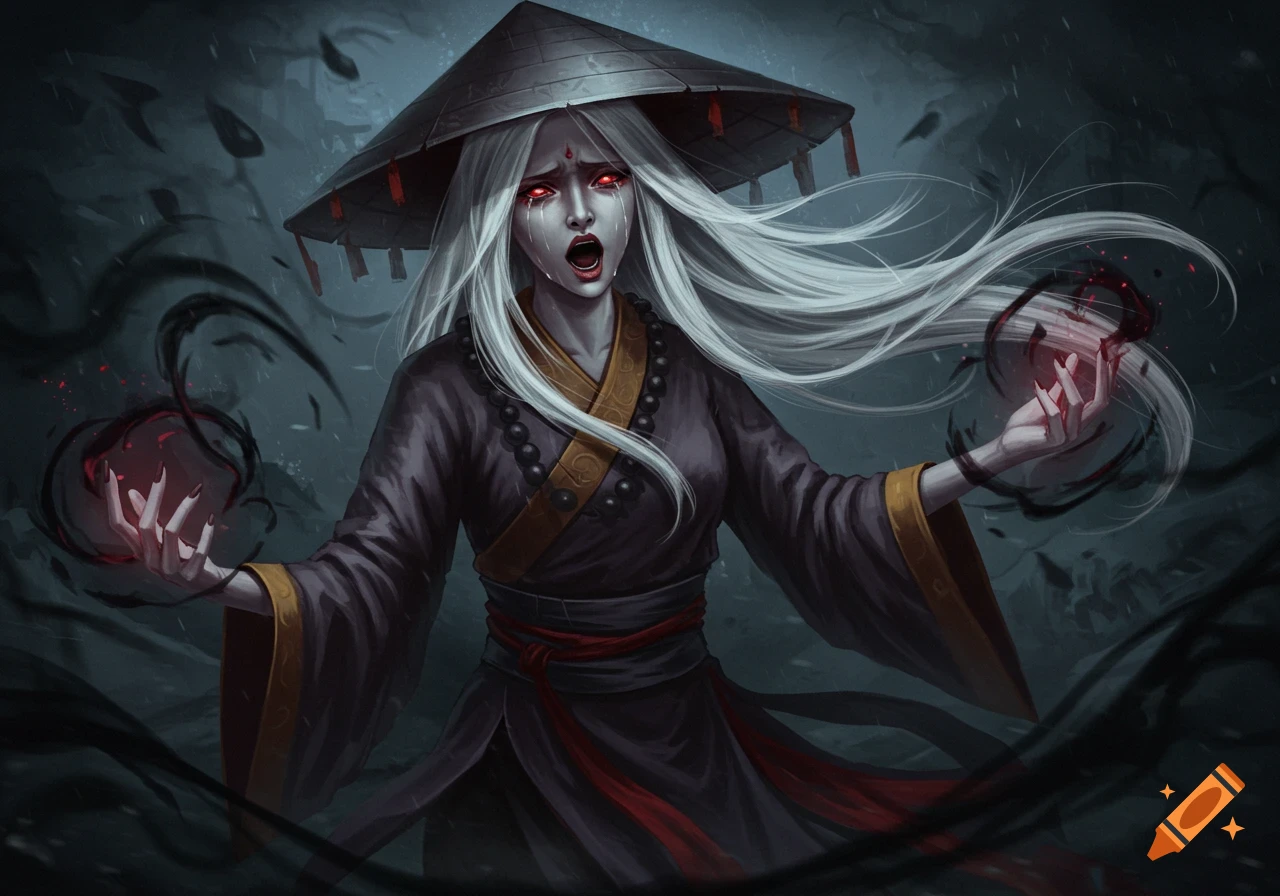 A white-haired lady monk with red eyes and a weimao hat cries and screams, casting dark necrotic magic amidst swirling shadows.