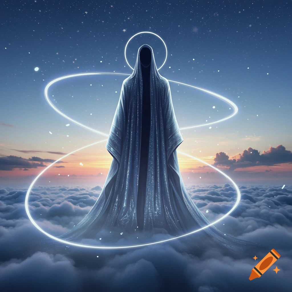 A mysterious cloaked figure with a halo and glowing rings stands above clouds under a starry night sky with a colorful horizon.