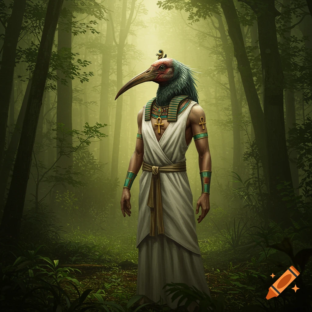 An ibis-headed humanoid figure in ancient Egyptian attire stands in a lush, misty forest, bathed in soft light.