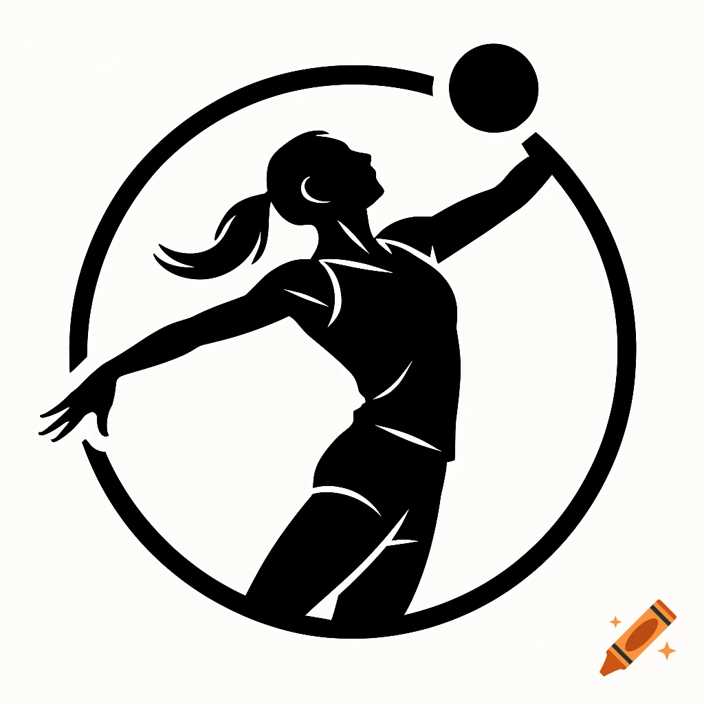 Black silhouette logo of a female volleyball player spiking the ball within a circle.