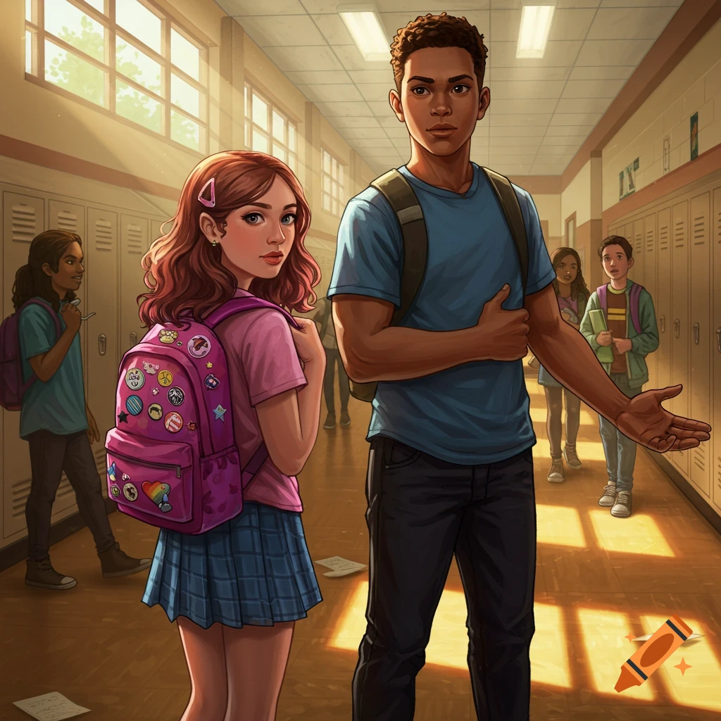 An illustration of two students in a sunlit school hallway, with other students in the background.