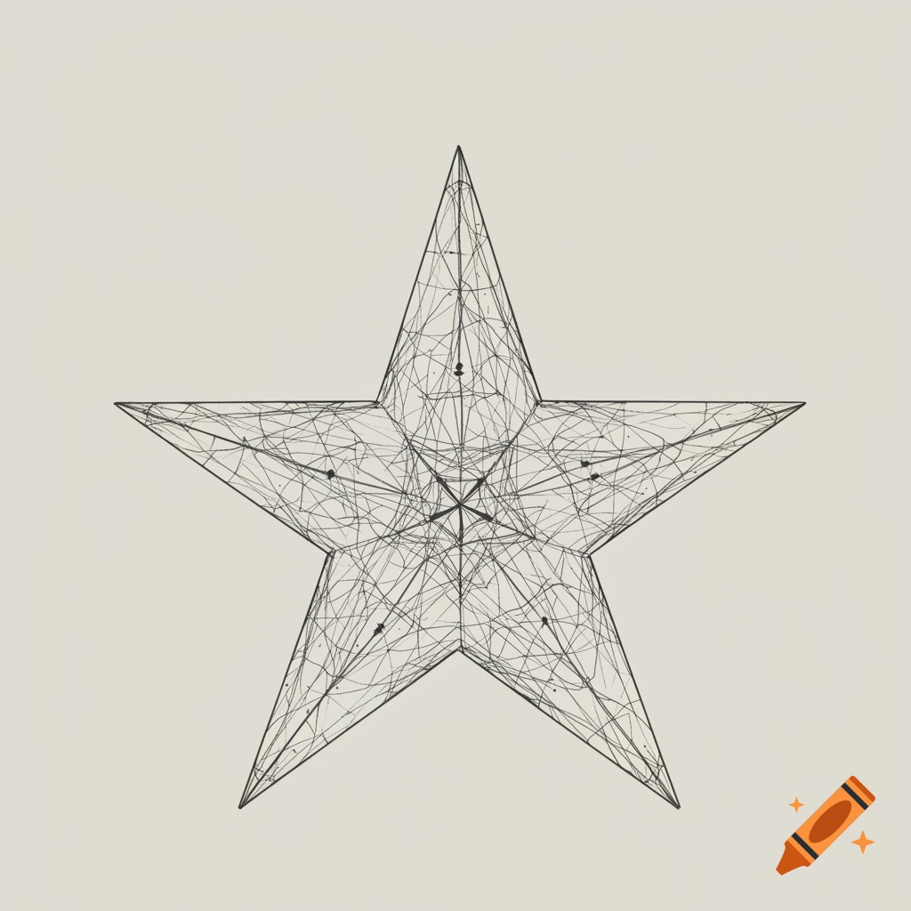 A black and white wireframe star illustration with intricate intersecting lines on a light background.