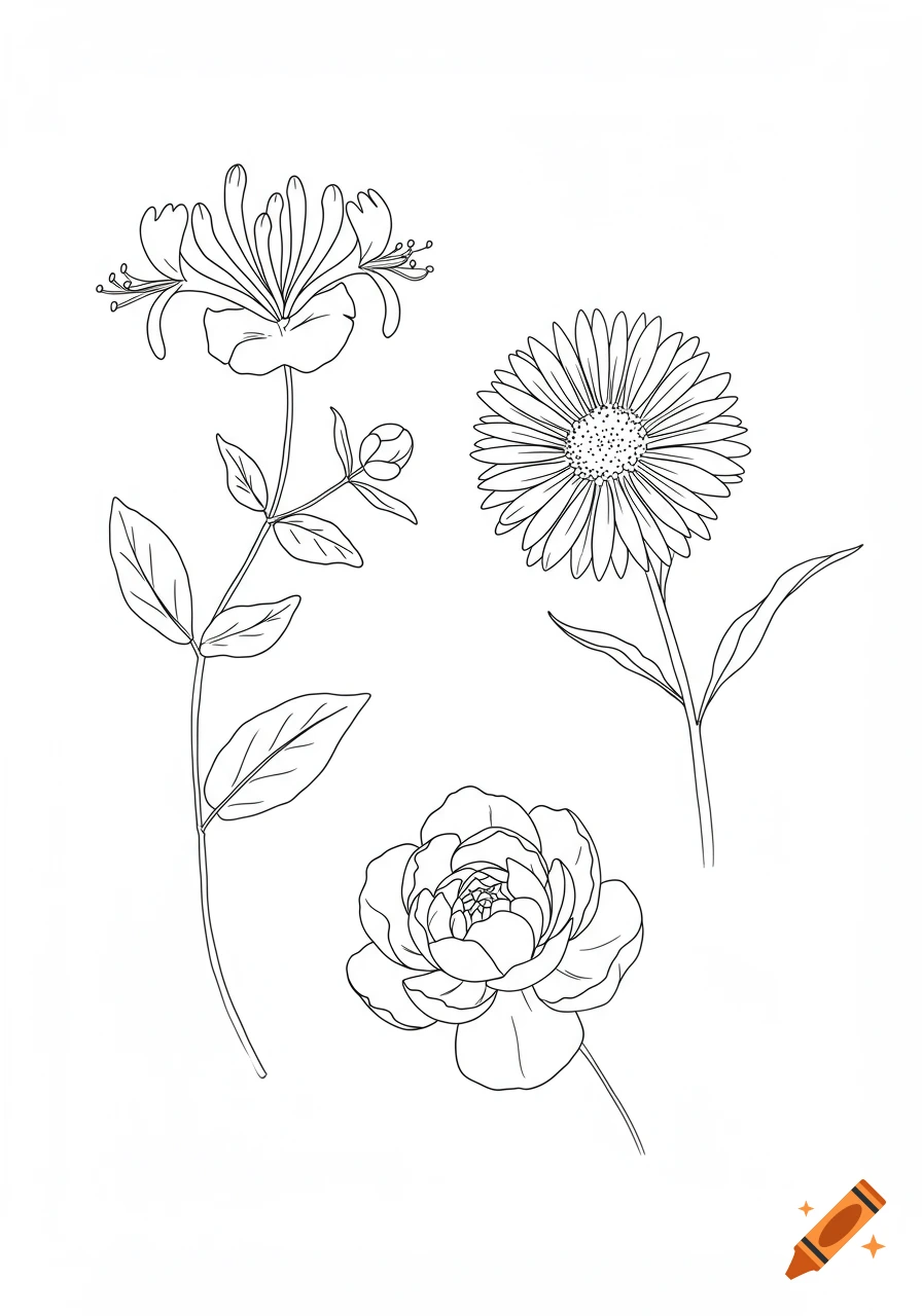 Black and white line drawings of a honeysuckle, an aster, and a peony flower on a white background.