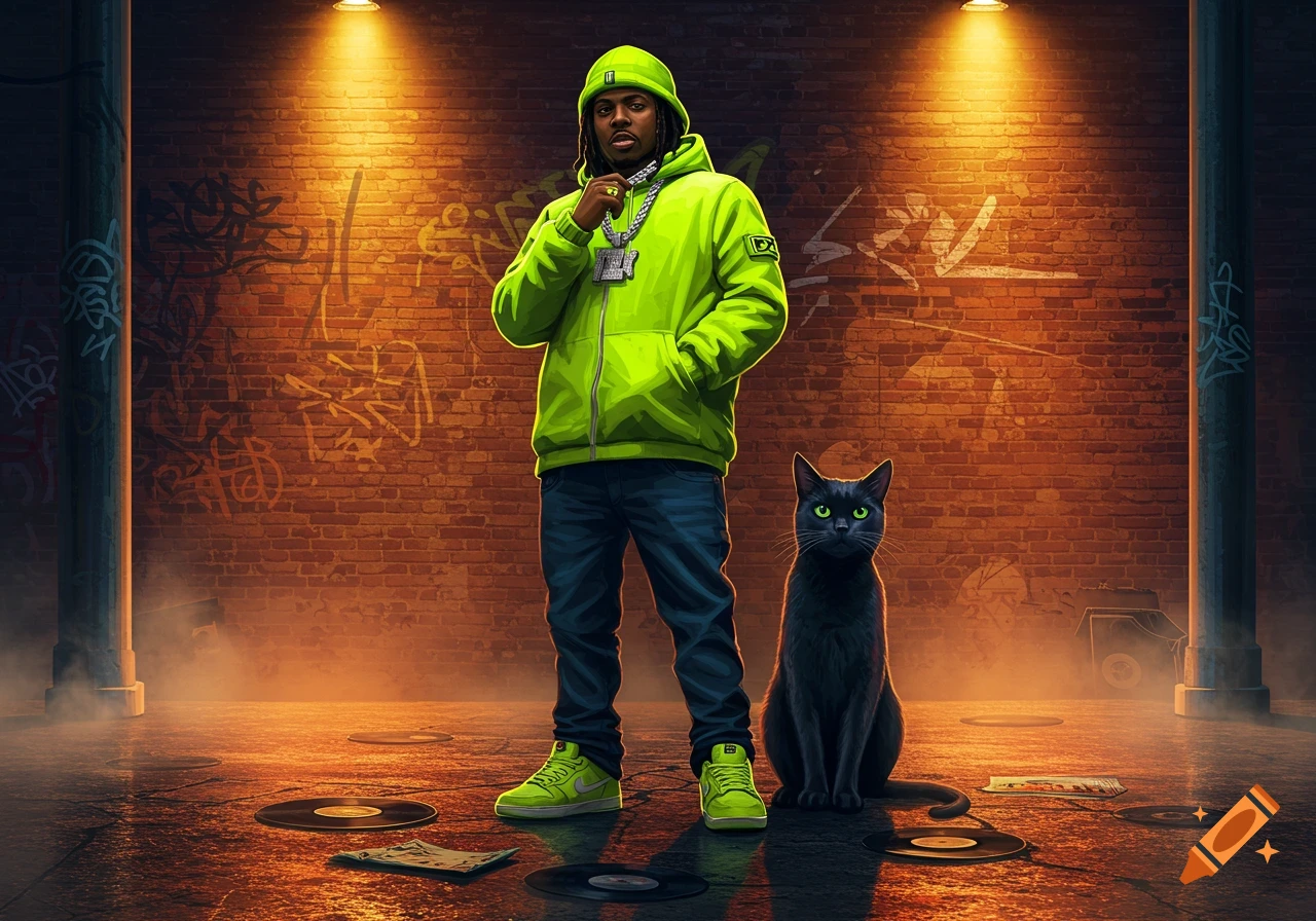 A man in a neon green hoodie and a black cat stand on a street with records and a graffiti brick wall. Photorealistic.