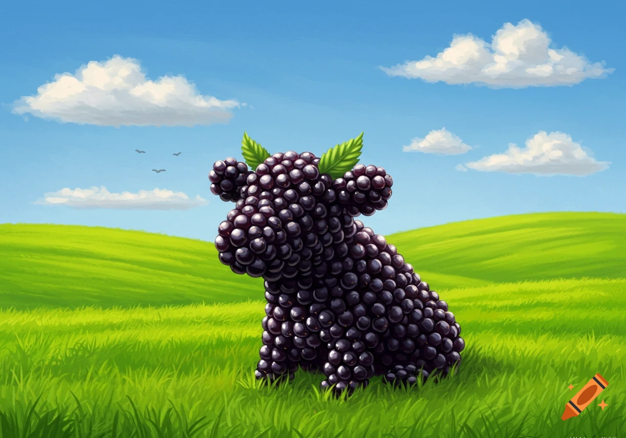 A whimsical cow formed from dark purple blackberries with green leaves for ears sits in a vibrant green field under a blue sky with white clouds.