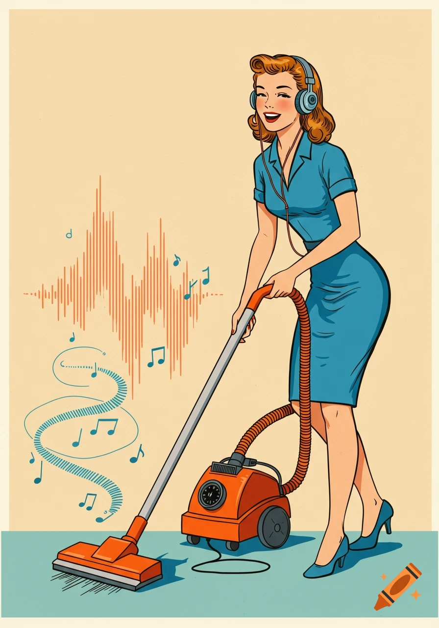 Smiling woman in blue dress and headphones vacuuming, with sound waves and musical notes, in a retro pop art style.