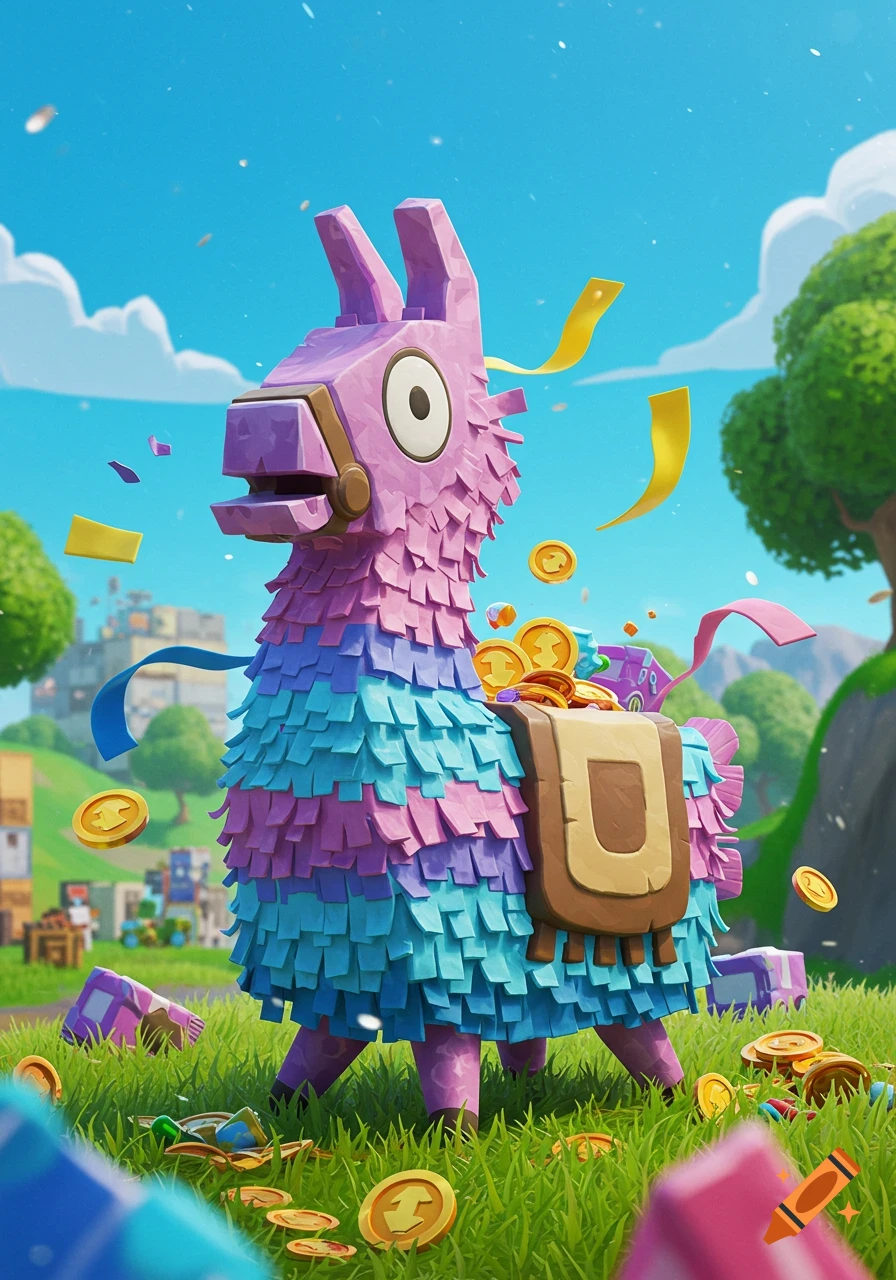 A colorful Fortnite Llama pinata, purple, pink, and blue, stands in a grassy field with gold coins spilling out under a blue sky.