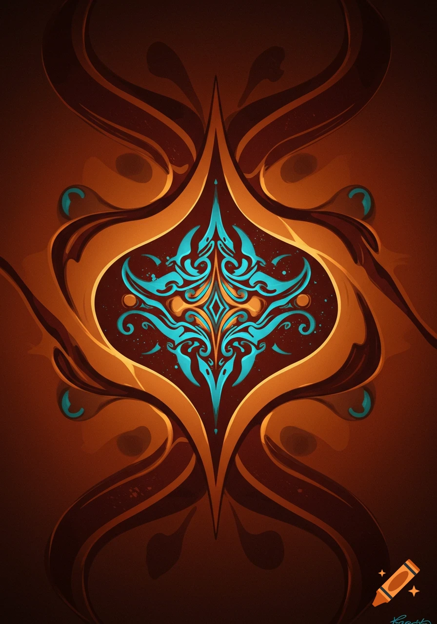 Abstract symmetrical pattern with organic shapes in warm brown, orange, and teal.