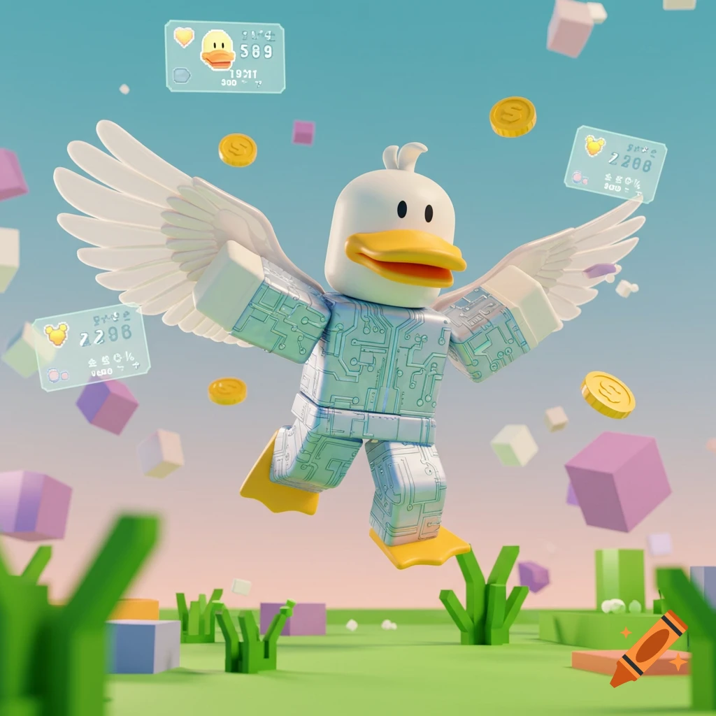 A white duck-headed Roblox avatar with white wings and a light blue circuit-patterned body floats in a sky surrounded by coins and cubes, above a grassy landscape.