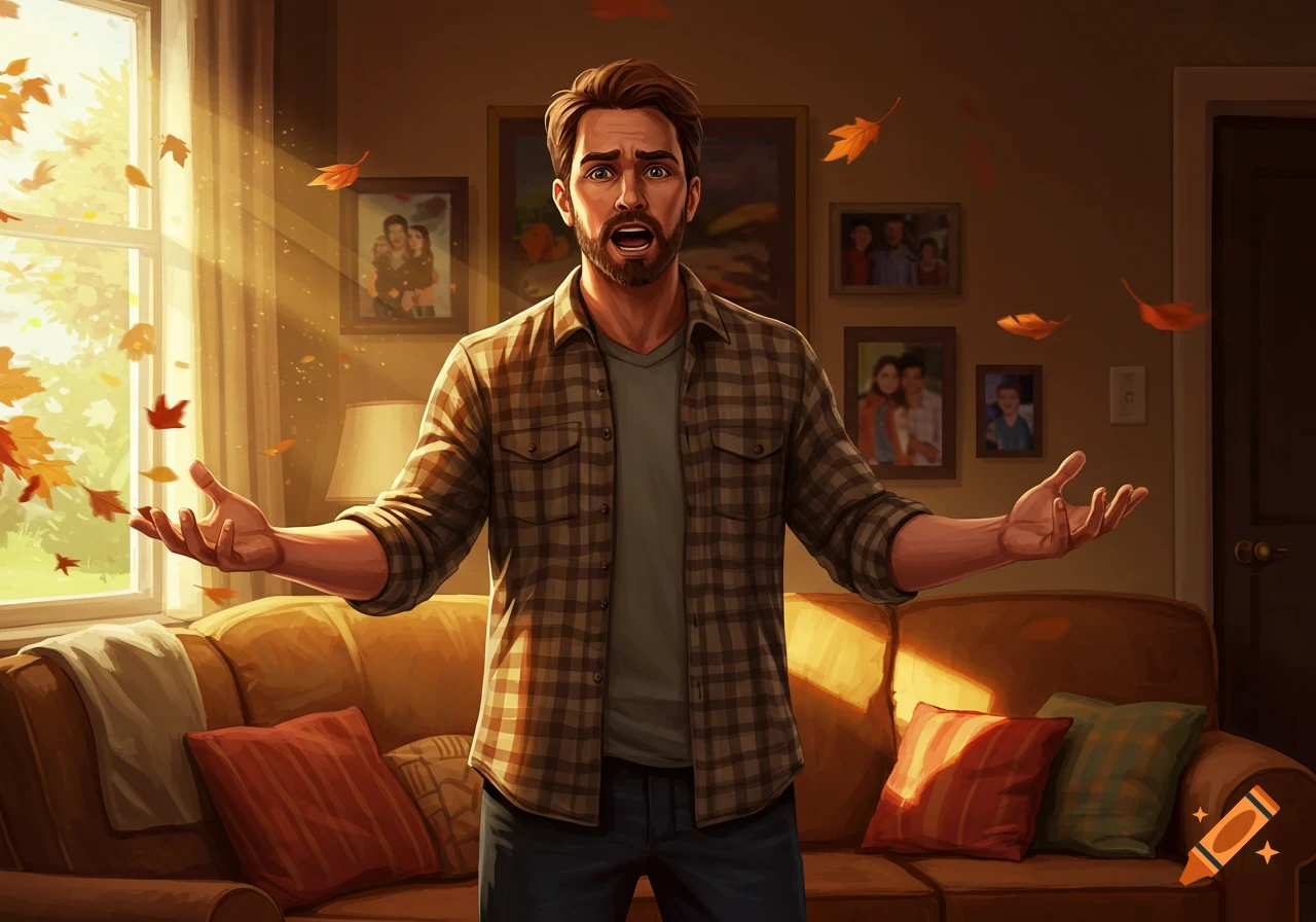 Illustrated man yelling in a living room as autumn leaves fall inside from a sunny window.