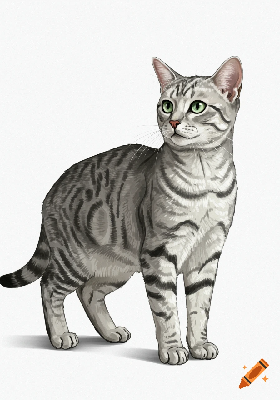 A full-body illustration of a sleek silver tabby cat with green eyes on a plain white background.