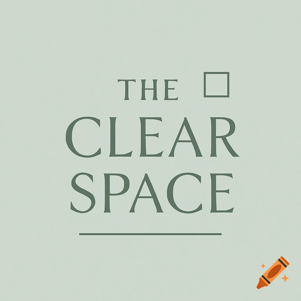 Minimalist logo with the words 'THE CLEAR SPACE' in dark green text on a sage green background, with a small square icon and a line.