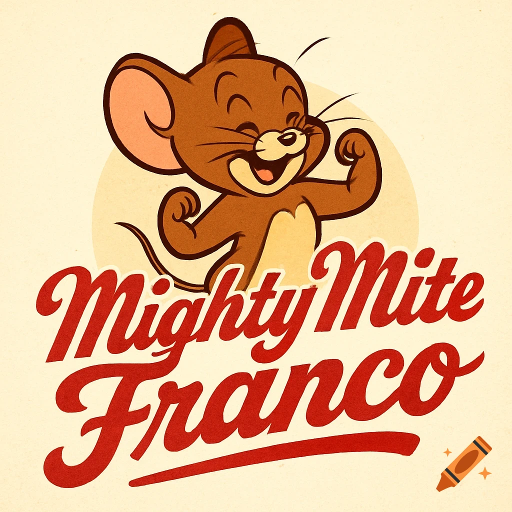 A 1950s style logo featuring Jerry the mouse flexing muscles above the red text "Mighty Mite Franco".