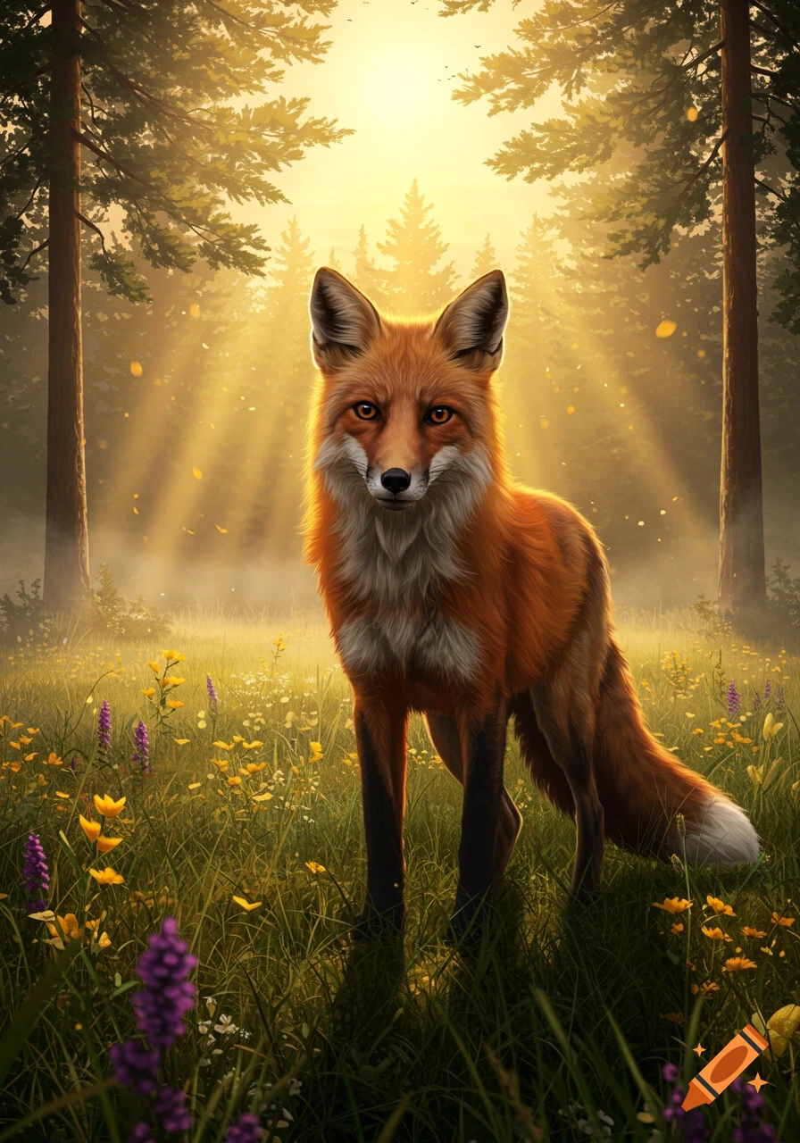 A photorealistic fox stands in a sunlit forest clearing filled with wildflowers and tall trees.