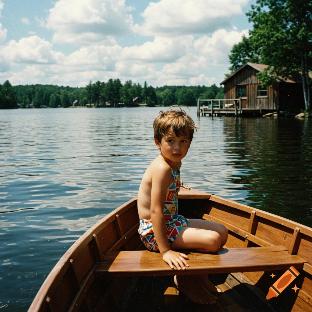 Young boy in a colorful swimsuit sits in a wooden boat on a lake with a cabin and trees in the background, 1990s photo style.