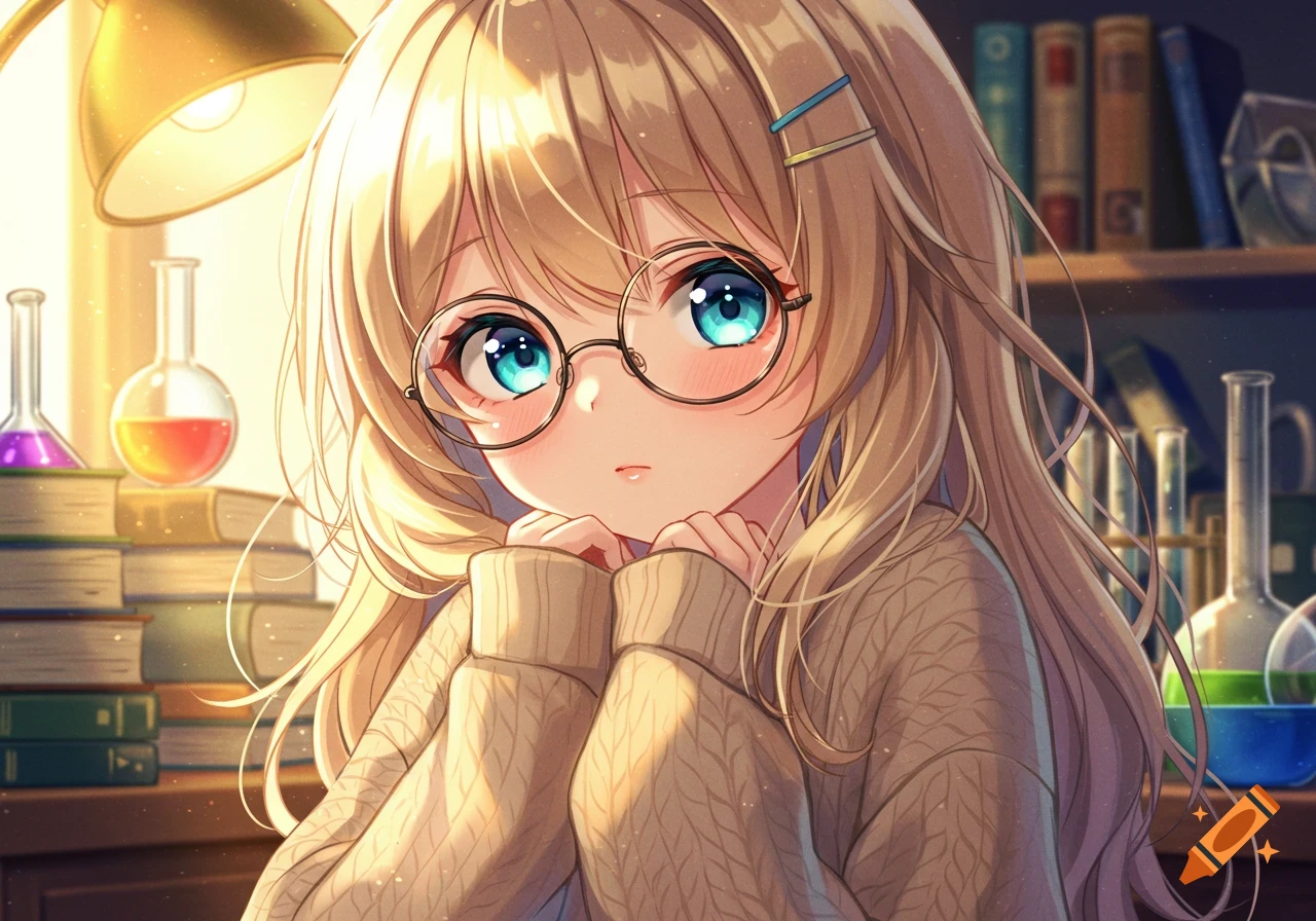 Close-up anime illustration of a blonde girl with blue eyes and round glasses, hands clasped, in a study with books and beakers.