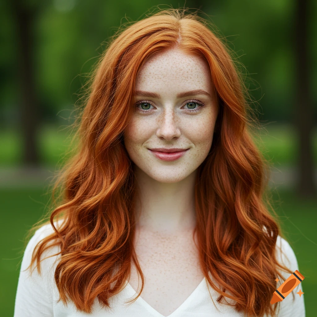 A close-up portrait of a smiling young woman with long, wavy red hair and freckles, against a blurred green background.
