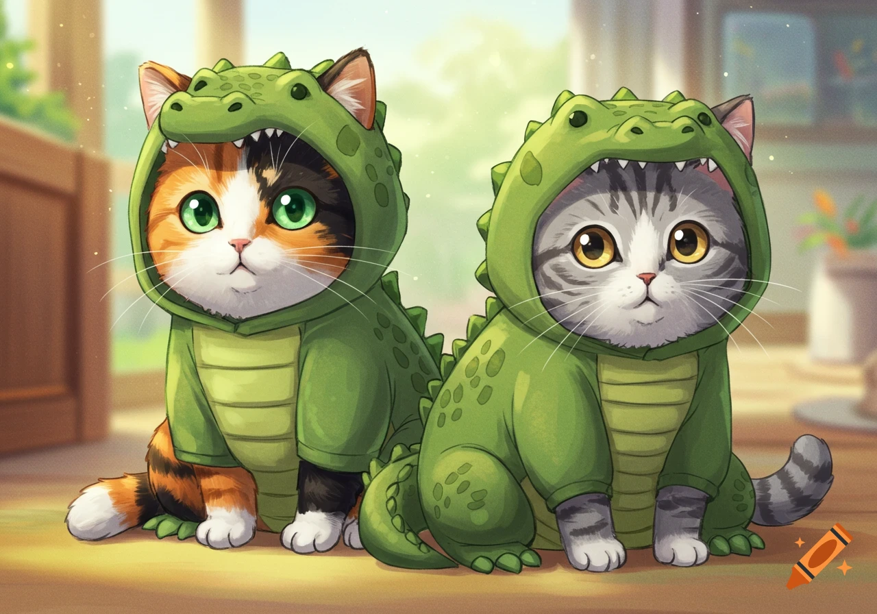 Two cute anime-style cats in green alligator costumes, one a tri-color with green eyes, the other grey and white striped with amber eyes.