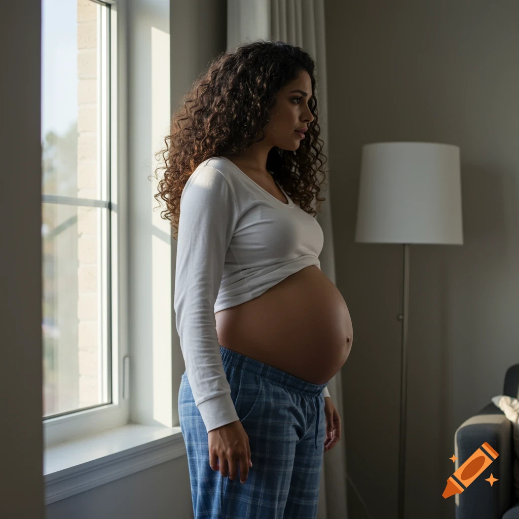 A pregnant woman with curly hair stands by a sunlit window, wearing a white shirt and blue plaid pajama pants.