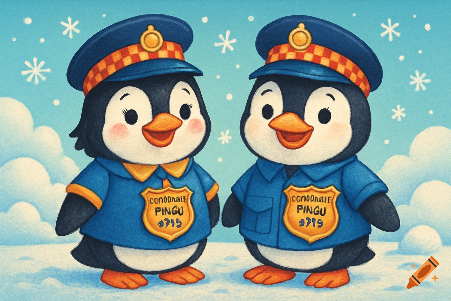 Two cute cartoon penguins dressed as police constables with police hats and badges, standing side-by-side in a snowy background.