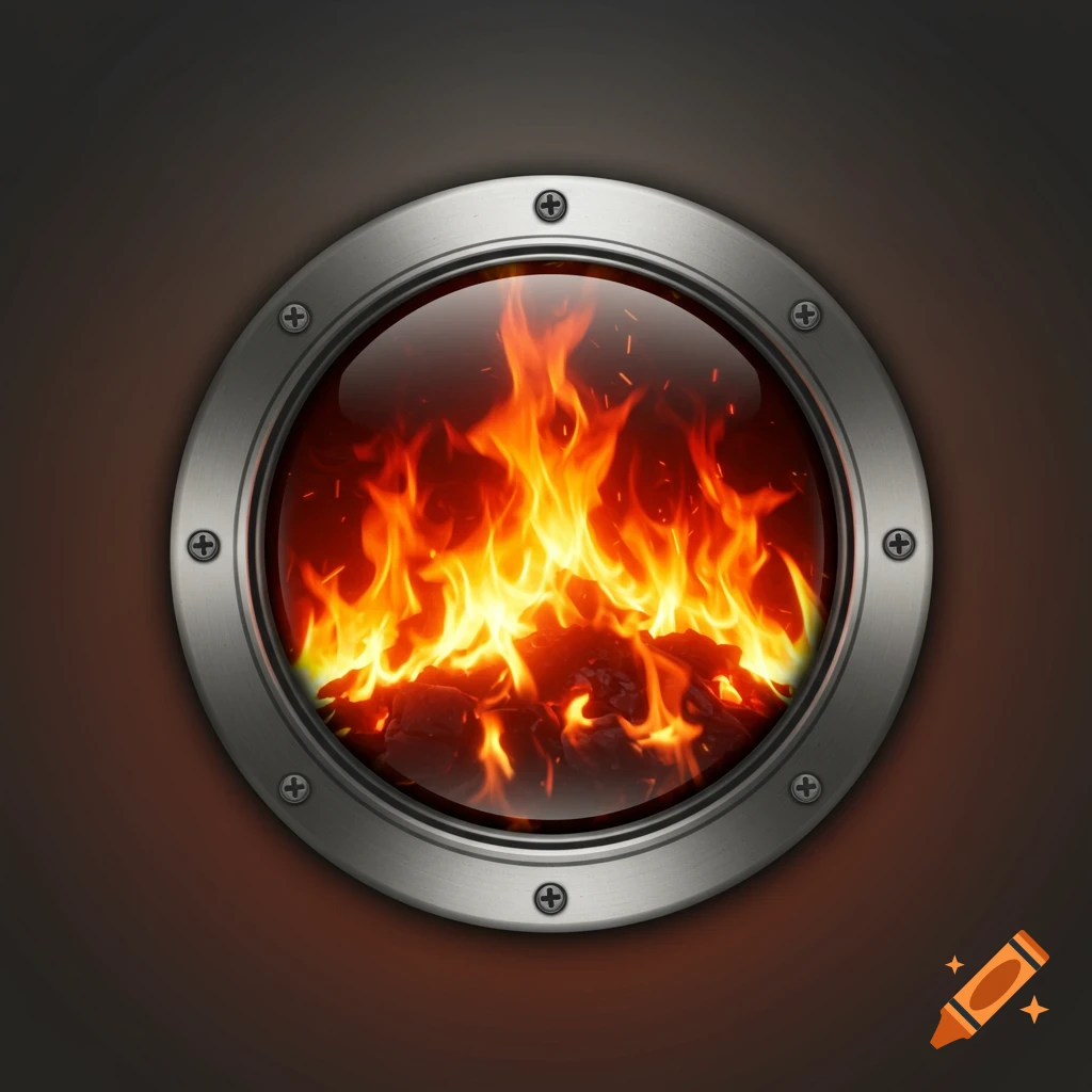 Vibrant fire seen through a glossy circular metal porthole with bolts.